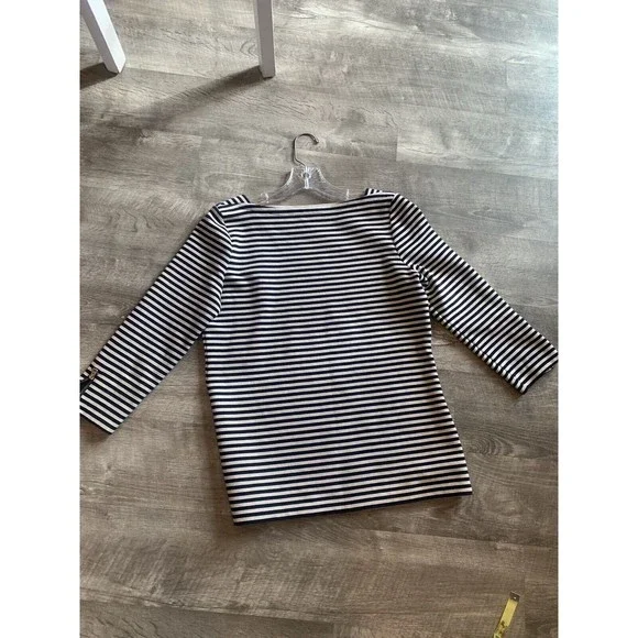 TALBOTS Stretch Cotton Womens Small Striped Boat Neck 3/4 Sleeve Black White - Picture 10 of 12